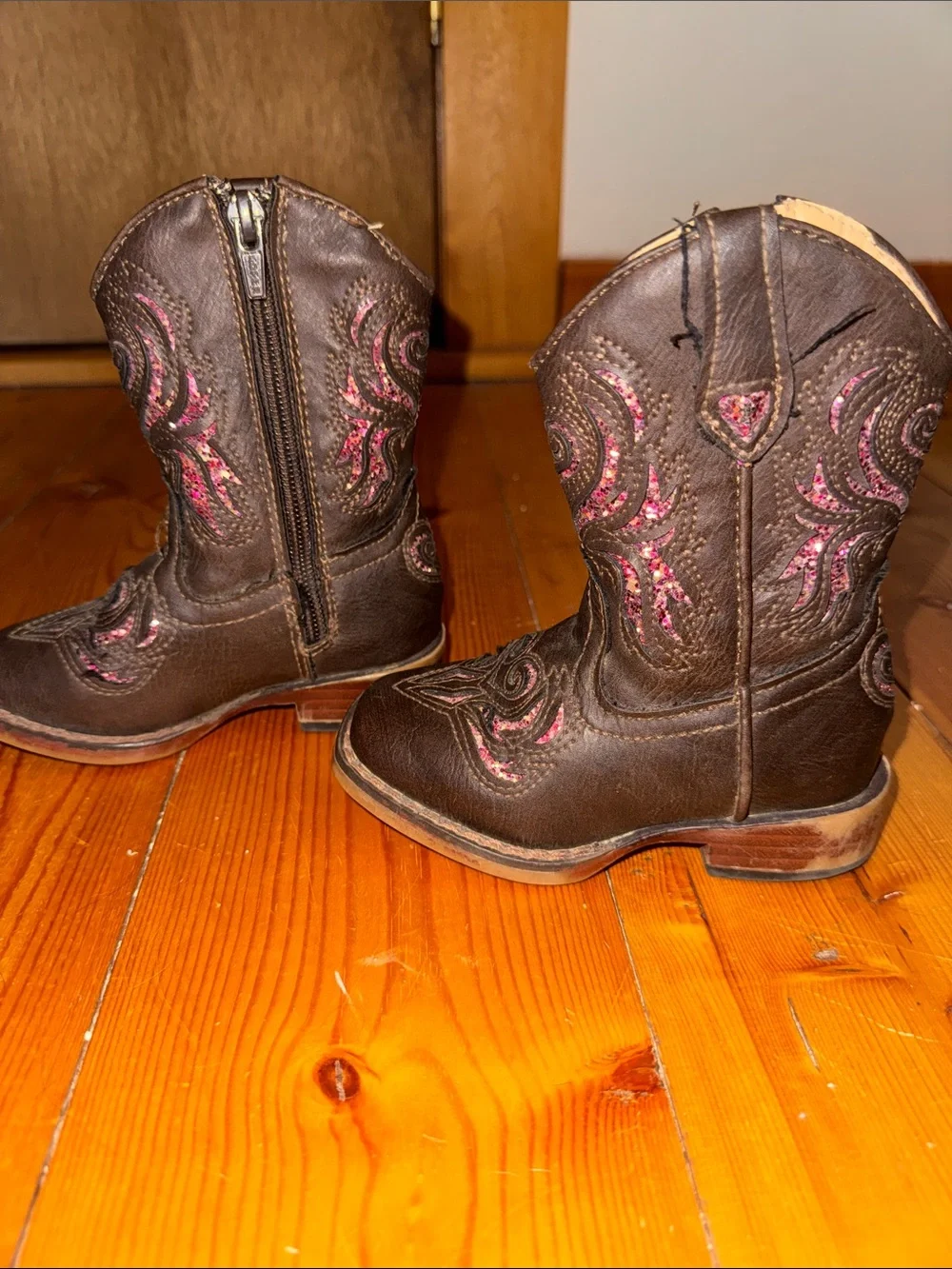 Roper Kids Brown Western Boots with Pink Embroidery